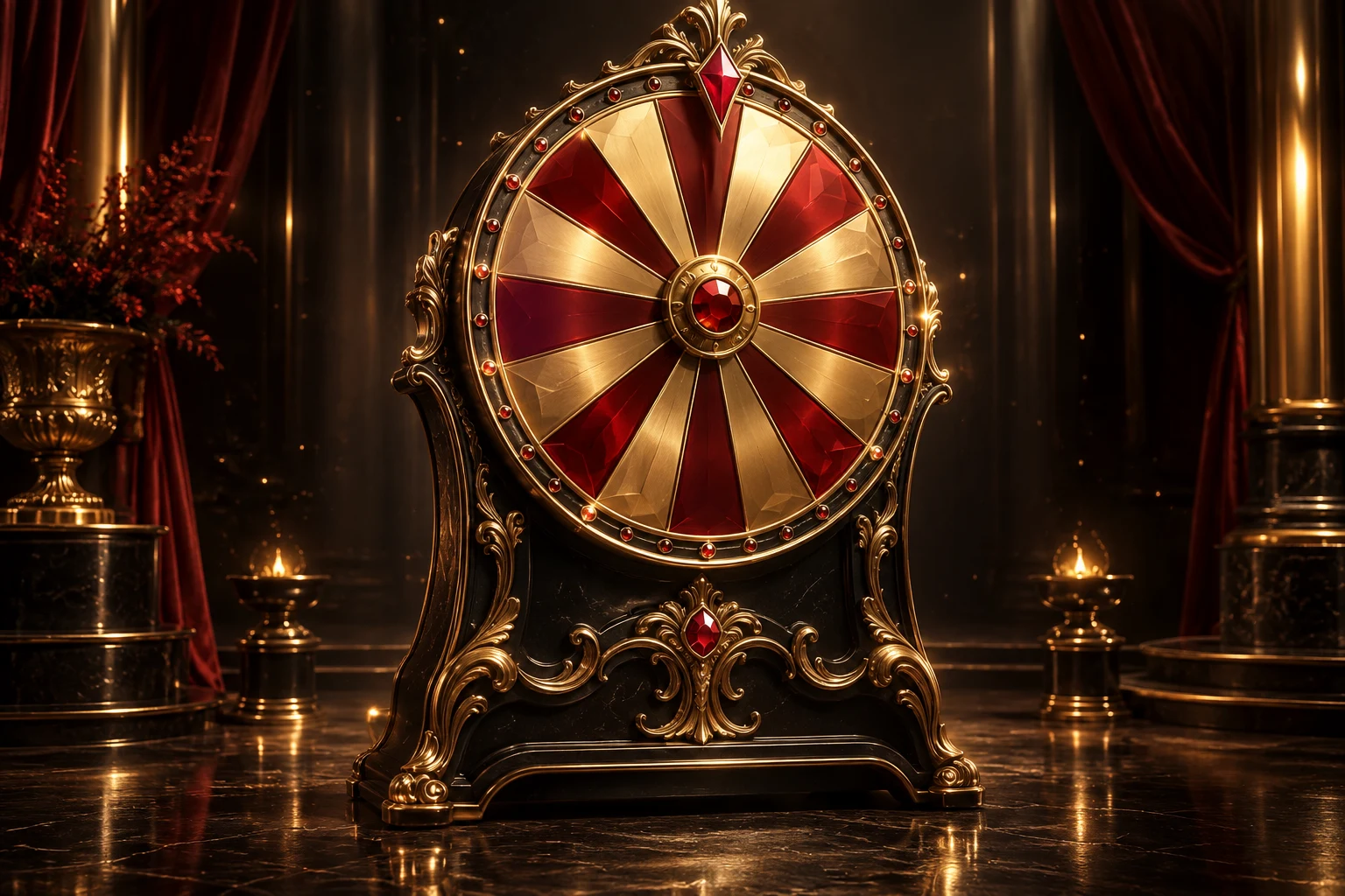A red and gold arcade wheel with cinematic lighting